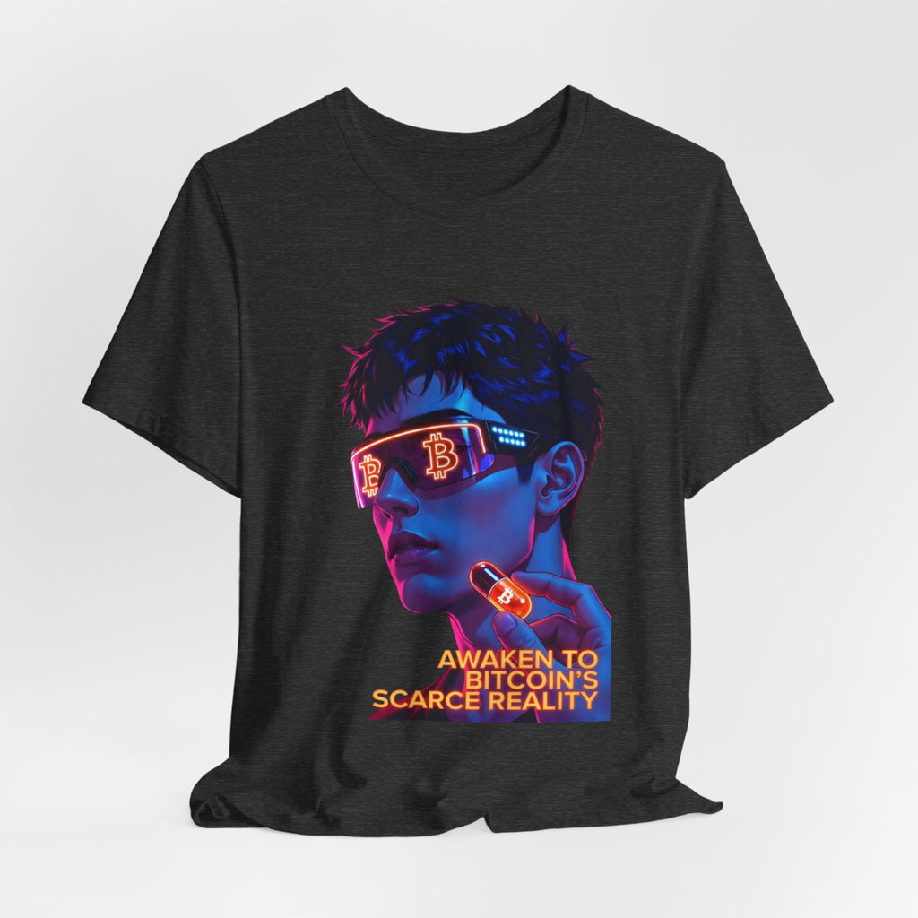 Bitcoin Tee — "AWAKEN TO BITCOIN'S SCARCE REALITY" Orange Pill Graphic T-Shirt