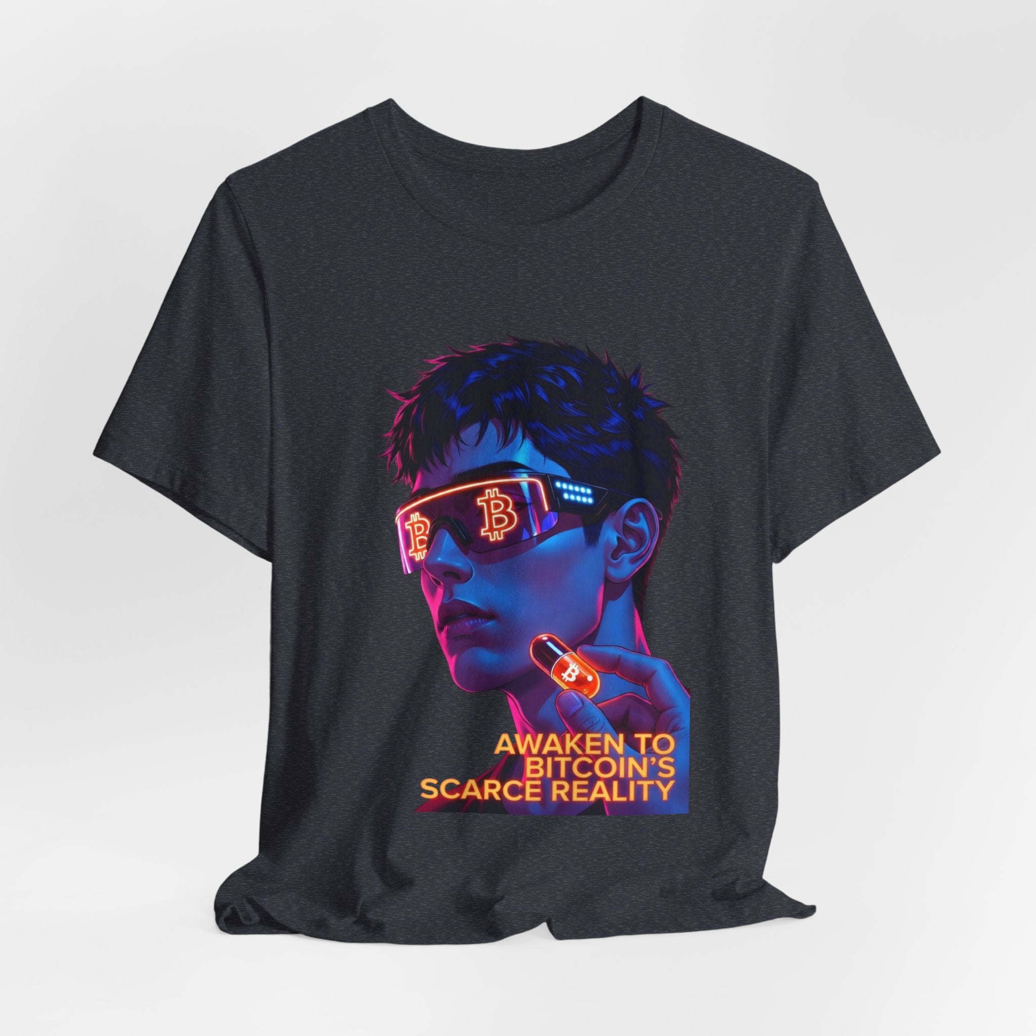 Bitcoin Tee — "AWAKEN TO BITCOIN'S SCARCE REALITY" Orange Pill Graphic T-Shirt