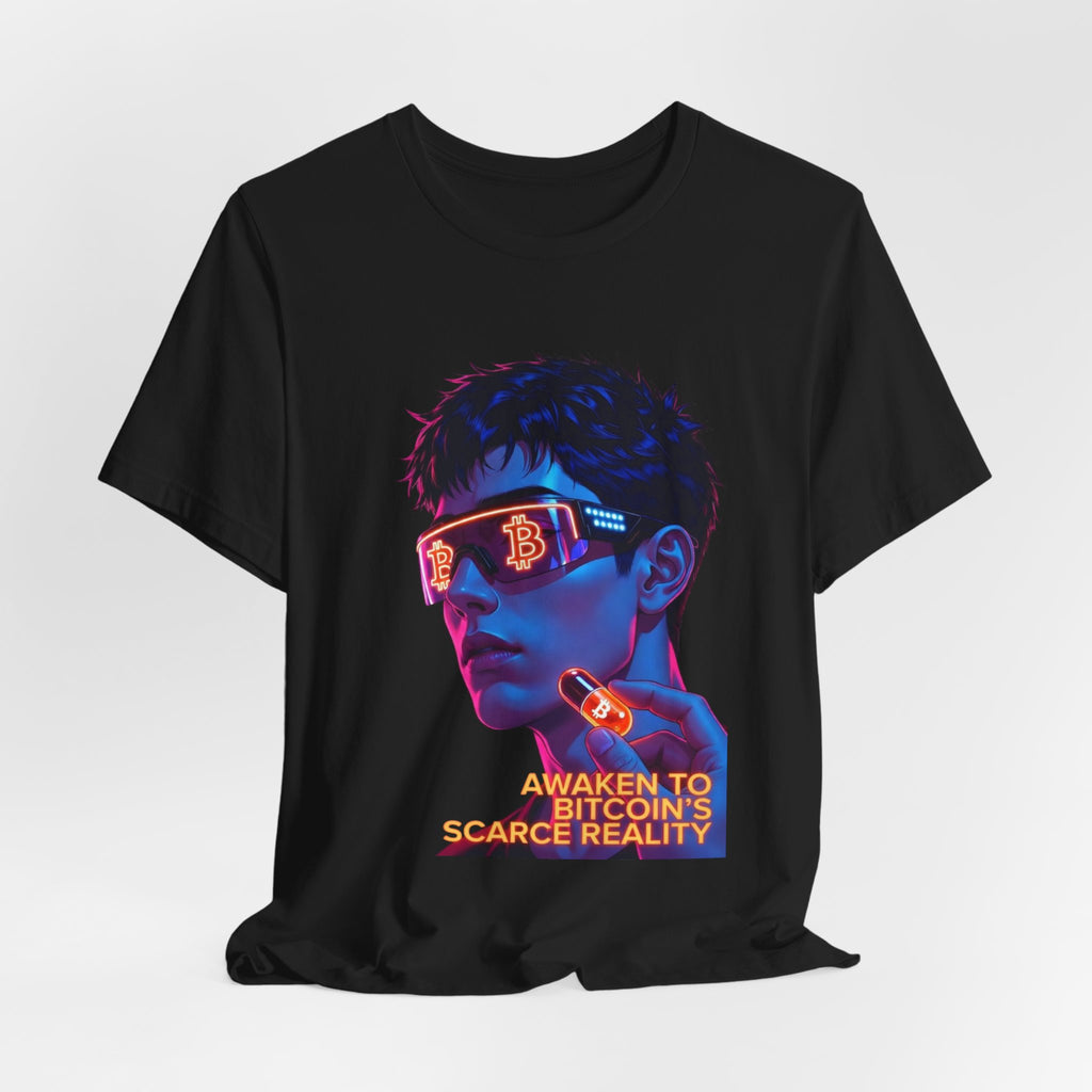Bitcoin Tee — "AWAKEN TO BITCOIN'S SCARCE REALITY" Orange Pill Graphic T-Shirt