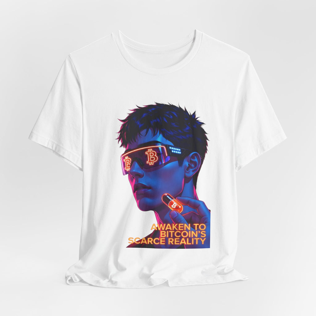 Bitcoin Tee — "AWAKEN TO BITCOIN'S SCARCE REALITY" Orange Pill Graphic T-Shirt