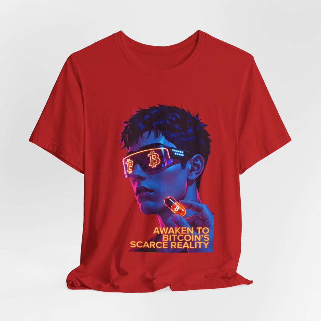 Bitcoin Tee — "AWAKEN TO BITCOIN'S SCARCE REALITY" Orange Pill Graphic T-Shirt