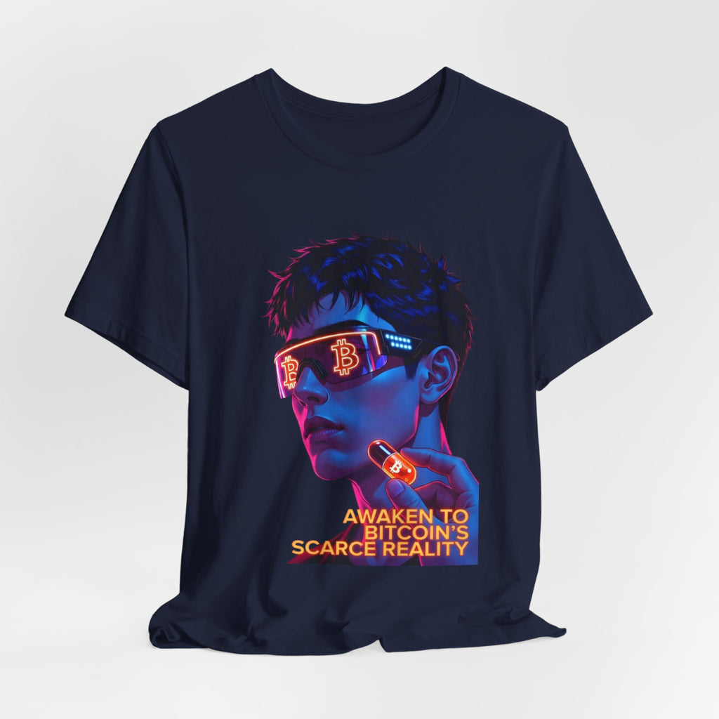Bitcoin Tee — "AWAKEN TO BITCOIN'S SCARCE REALITY" Orange Pill Graphic T-Shirt